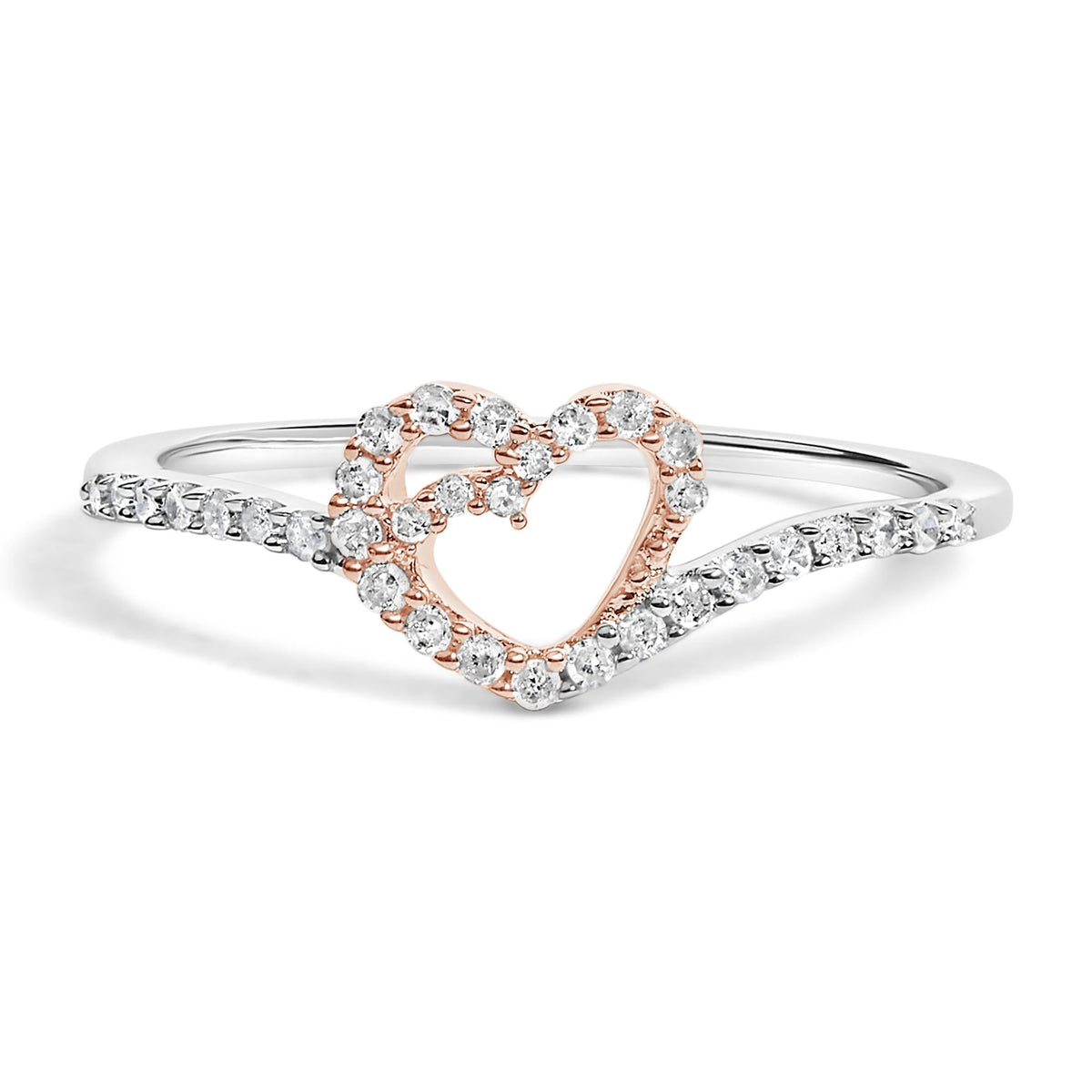 10K Rose Gold over .925 Sterling Silver 1/5 Cttw Diamond Two Tone Open Heart Promise or Fashion Ring (I-J Color, I2-I3 Clarity)