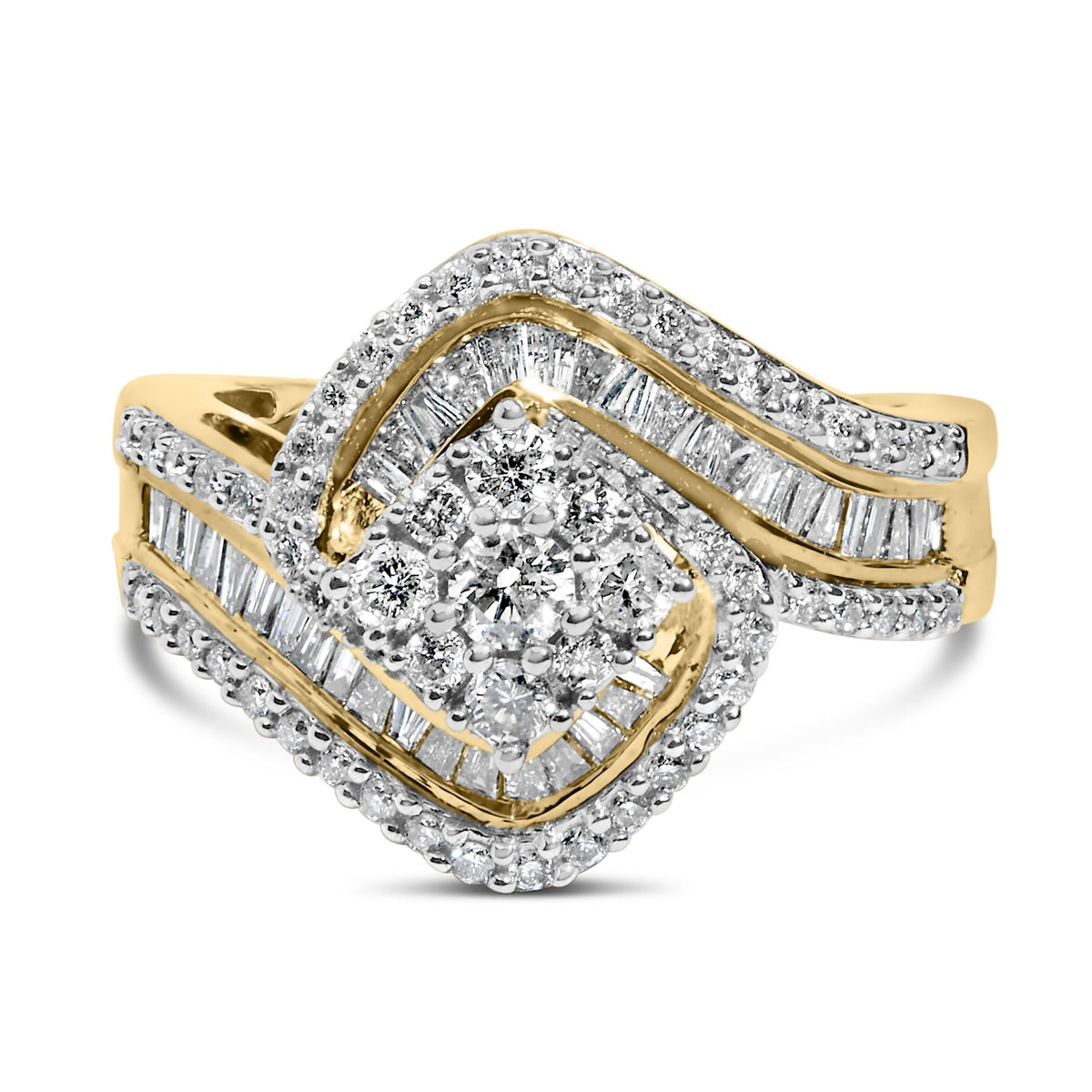 14K Yellow Gold 1.0 Cttw Baguette & Brilliant-Cut Diamond Round Floral Cluster Engagement or Fashion Ring with Swirl Wrapped Triple Row Band (H-I Color, SI2-I1 Clarity)