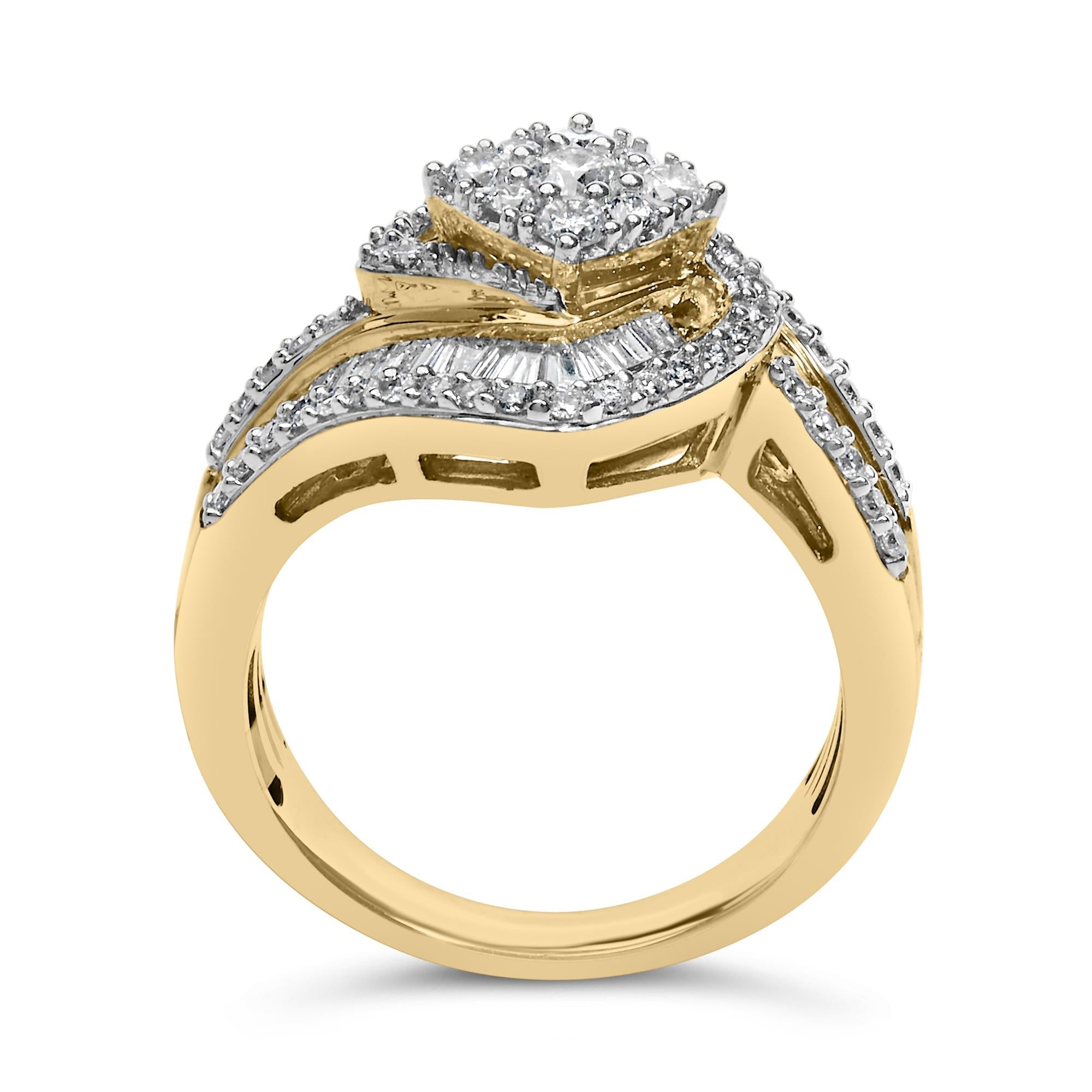 14K Yellow Gold 1.0 Cttw Baguette & Brilliant-Cut Diamond Round Floral Cluster Engagement or Fashion Ring with Swirl Wrapped Triple Row Band (H-I Color, SI2-I1 Clarity)