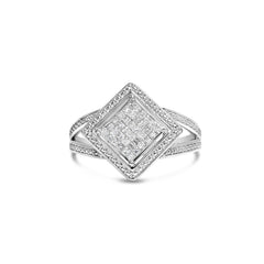 .925 Sterling Silver 1/3 Cttw Invisible Set Princess-Cut Diamond Rhombus and Beaded Halo Ring (H-I Color, SI1-SI2 Clarity)