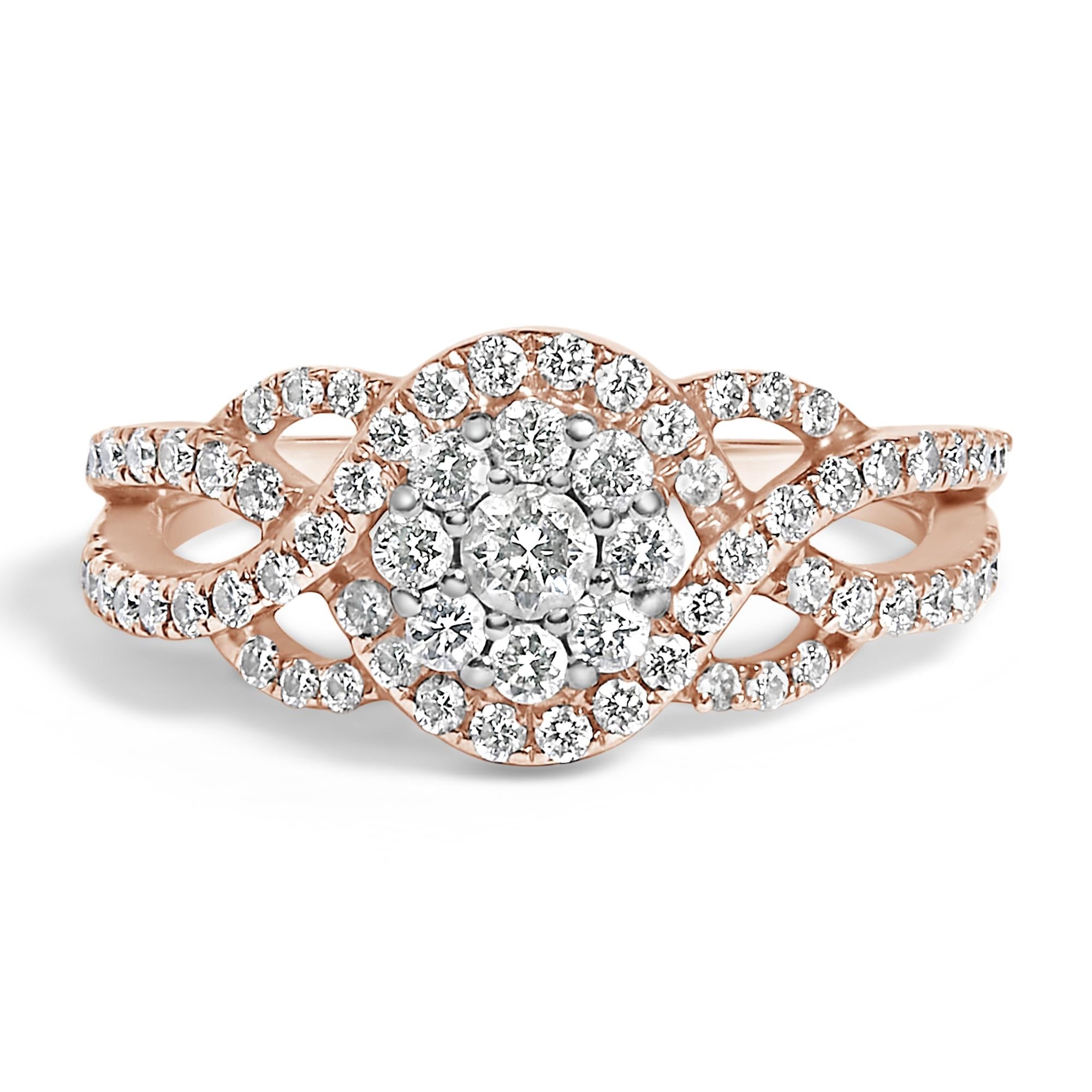 10K Rose Gold 3/4 Cttw Diamond Floral Cluster Head and Twisted Shank Cocktail  Ring (H-I Color, SI1-SI2 Clarity)-