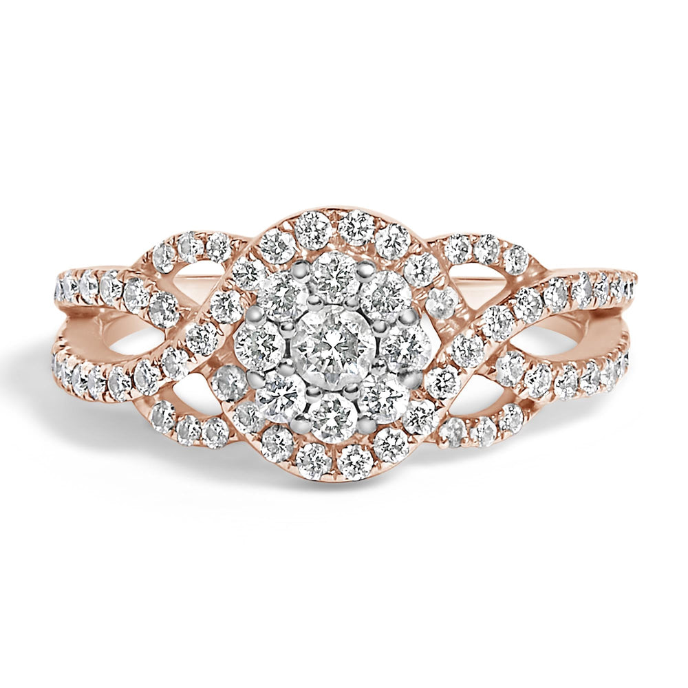 10K Rose Gold 3/4 Cttw Diamond Floral Cluster Head and Twisted Shank Cocktail  Ring (H-I Color, SI1-SI2 Clarity)-