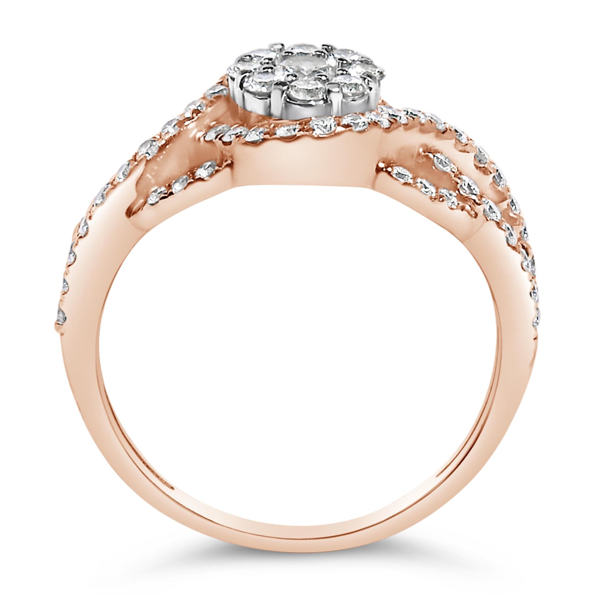 10K Rose Gold 3/4 Cttw Diamond Floral Cluster Head and Twisted Shank Cocktail  Ring (H-I Color, SI1-SI2 Clarity)-