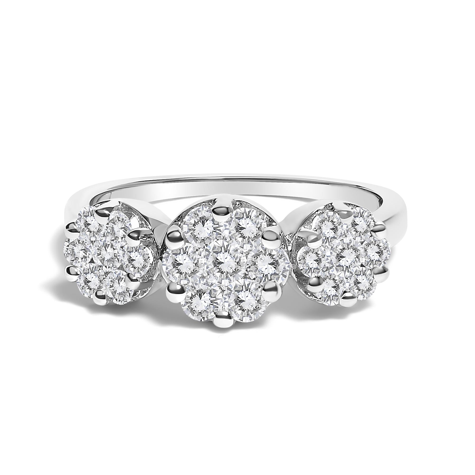 14K White Gold 1-1/4 Cttw Brilliant Cut Diamond Three Round Floral Clusters Engagement or Fashion Ring (H-I Color, SI2-I1 Clarity)