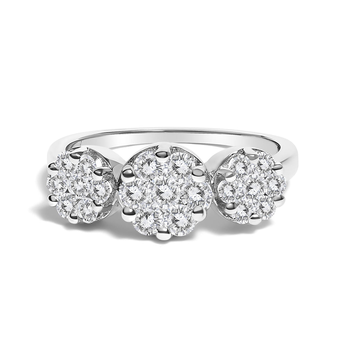 14K White Gold 1-1/4 Cttw Brilliant Cut Diamond Three Round Floral Clusters Engagement or Fashion Ring (H-I Color, SI2-I1 Clarity)