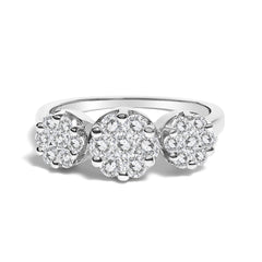 14K White Gold 1-1/4 Cttw Brilliant Cut Diamond Three Round Floral Clusters Engagement or Fashion Ring (H-I Color, SI2-I1 Clarity)