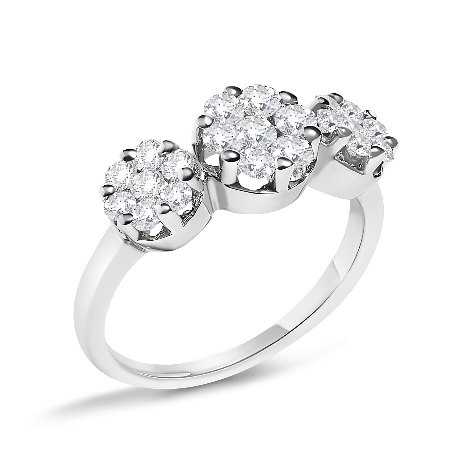 14K White Gold 1-1/4 Cttw Brilliant Cut Diamond Three Round Floral Clusters Engagement or Fashion Ring (H-I Color, SI2-I1 Clarity)