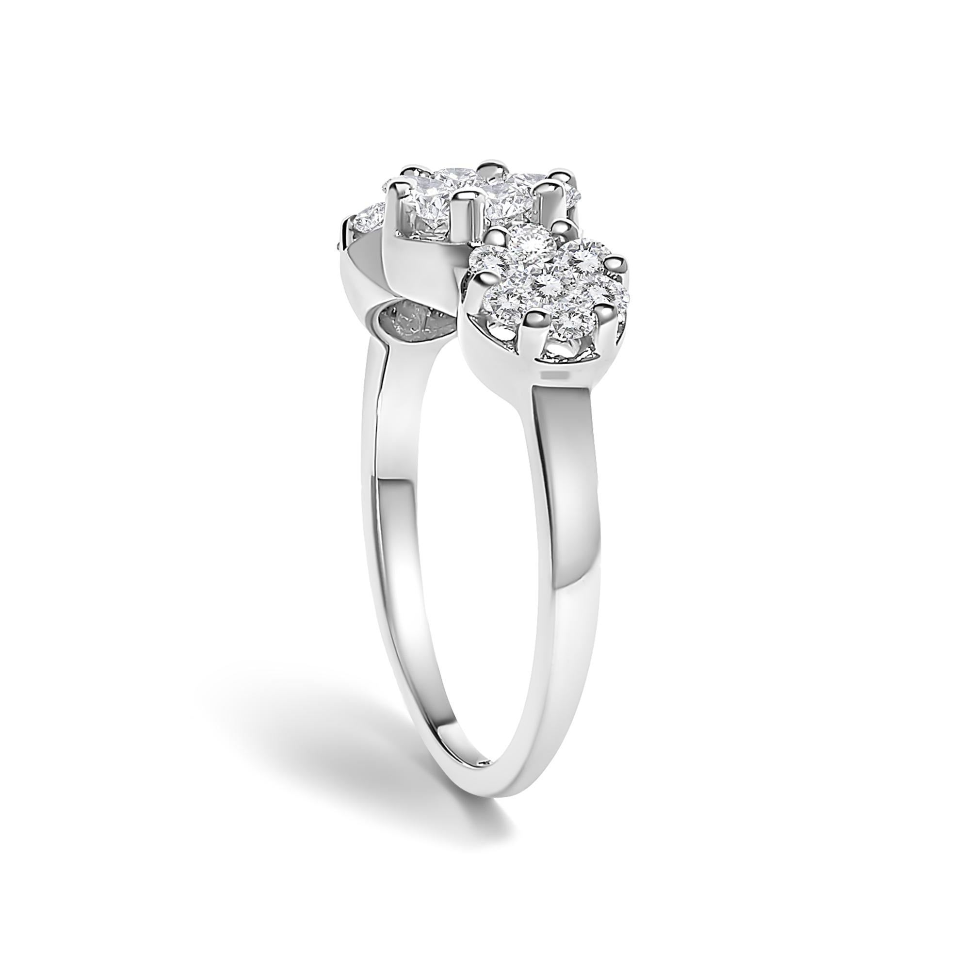 14K White Gold 1-1/4 Cttw Brilliant Cut Diamond Three Round Floral Clusters Engagement or Fashion Ring (H-I Color, SI2-I1 Clarity)