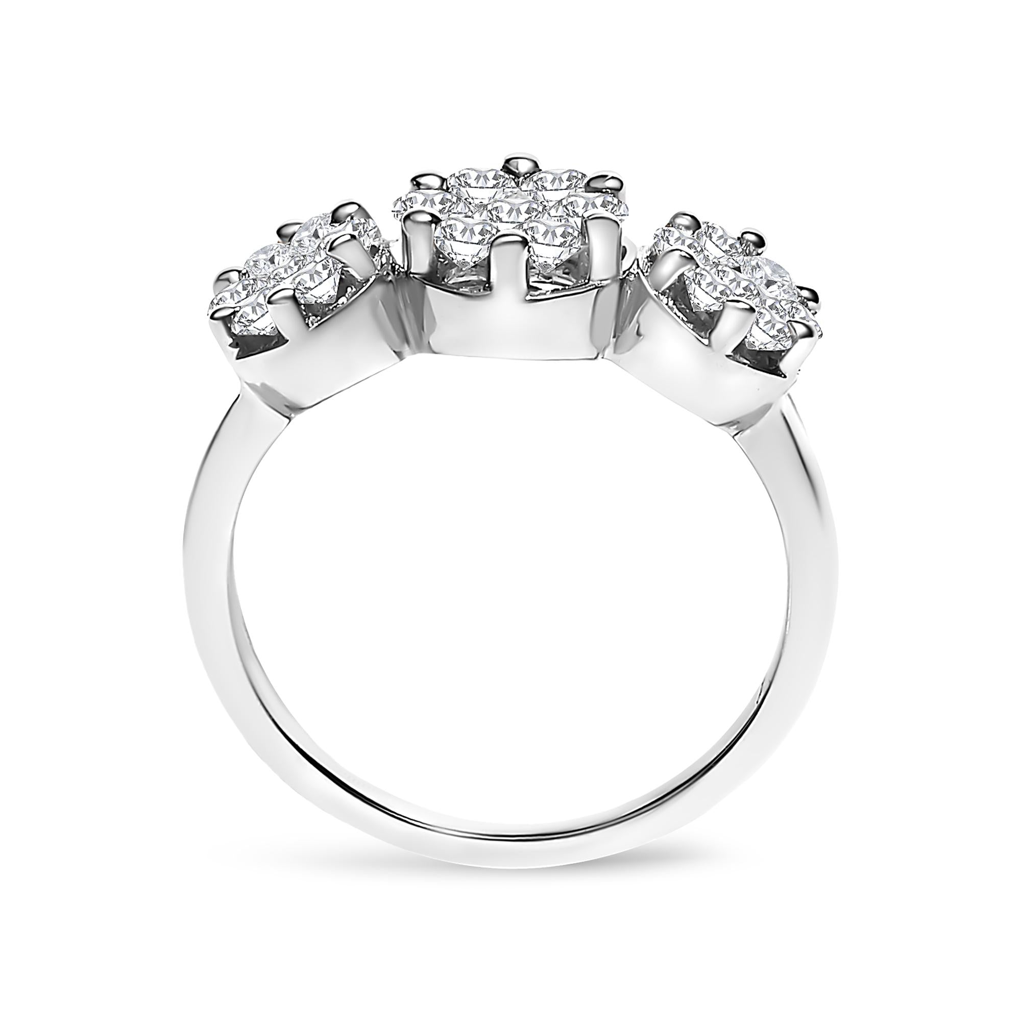 14K White Gold 1-1/4 Cttw Brilliant Cut Diamond Three Round Floral Clusters Engagement or Fashion Ring (H-I Color, SI2-I1 Clarity)