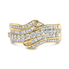 10K Yellow Gold 1.0 Cttw Baguette and Round Diamond Multi-Row Wave Bypass Ring (I-J Color, I1-I2 Clarity)