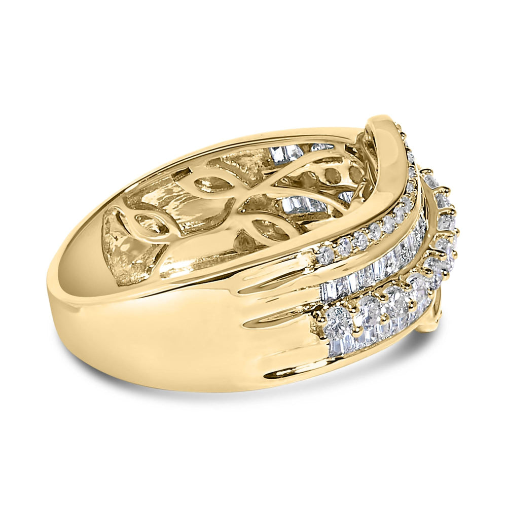 10K Yellow Gold 1.0 Cttw Baguette and Round Diamond Multi-Row Wave Bypass Ring (I-J Color, I1-I2 Clarity)