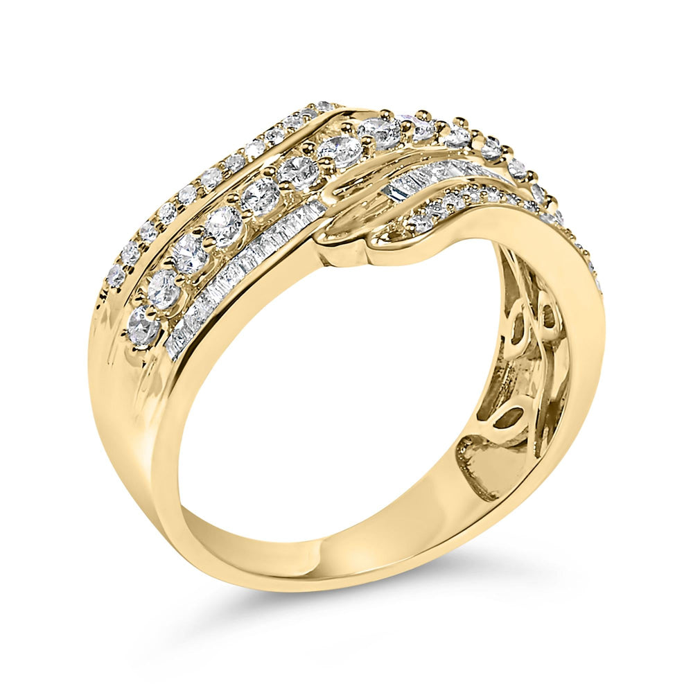 10K Yellow Gold 1.0 Cttw Baguette and Round Diamond Multi-Row Wave Bypass Ring (I-J Color, I1-I2 Clarity)