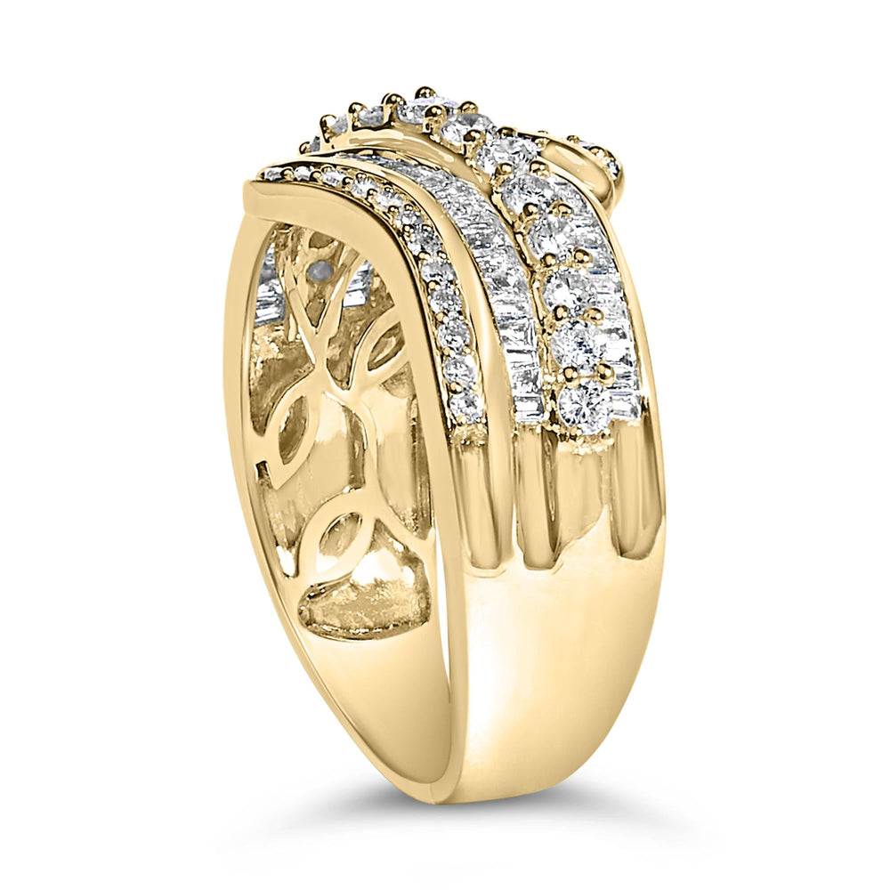 10K Yellow Gold 1.0 Cttw Baguette and Round Diamond Multi-Row Wave Bypass Ring (I-J Color, I1-I2 Clarity)