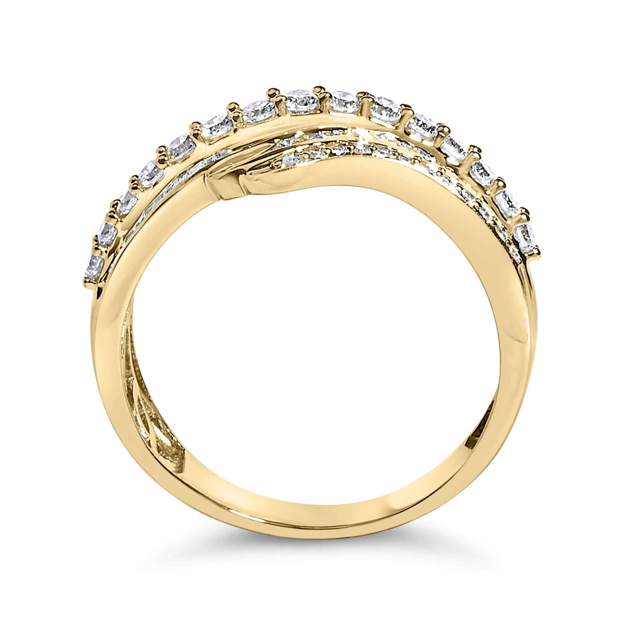 10K Yellow Gold 1.0 Cttw Baguette and Round Diamond Multi-Row Wave Bypass Ring (I-J Color, I1-I2 Clarity)