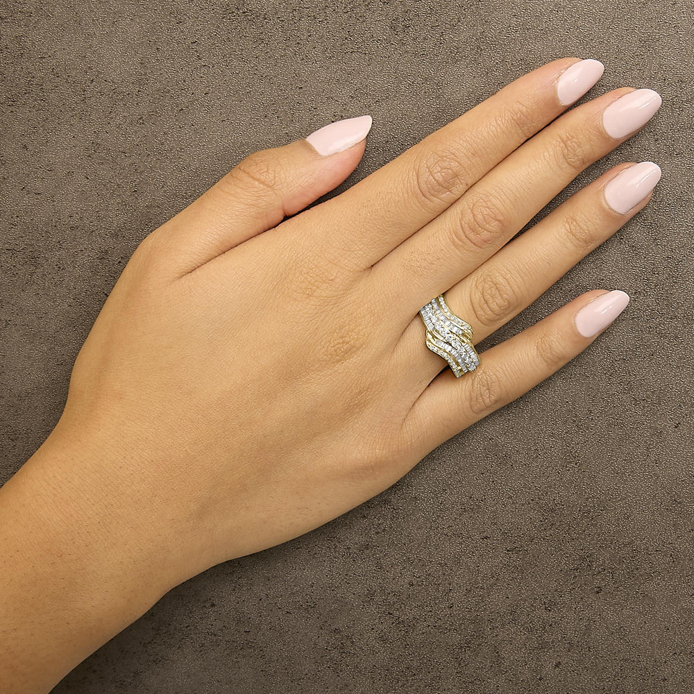 10K Yellow Gold 1.0 Cttw Baguette and Round Diamond Multi-Row Wave Bypass Ring (I-J Color, I1-I2 Clarity)