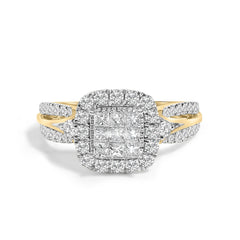 10K Yellow Gold 1.0 Cttw Diamond Composite Cushion-Shape Halo 3-Band-Look Engagement Ring (H-I Color, SI1-SI2 Clarity)