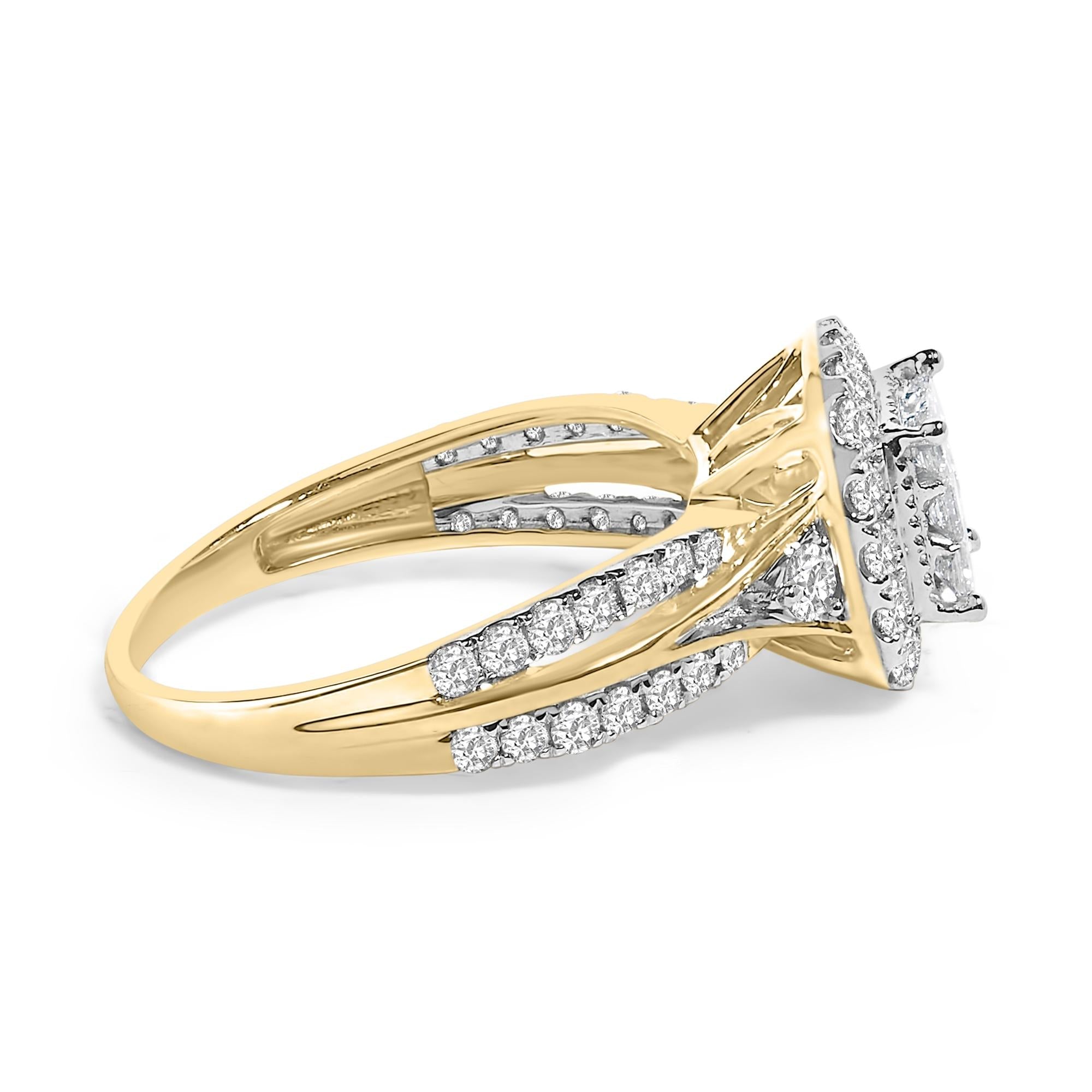 10K Yellow Gold 1.0 Cttw Diamond Composite Cushion-Shape Halo 3-Band-Look Engagement Ring (H-I Color, SI1-SI2 Clarity)