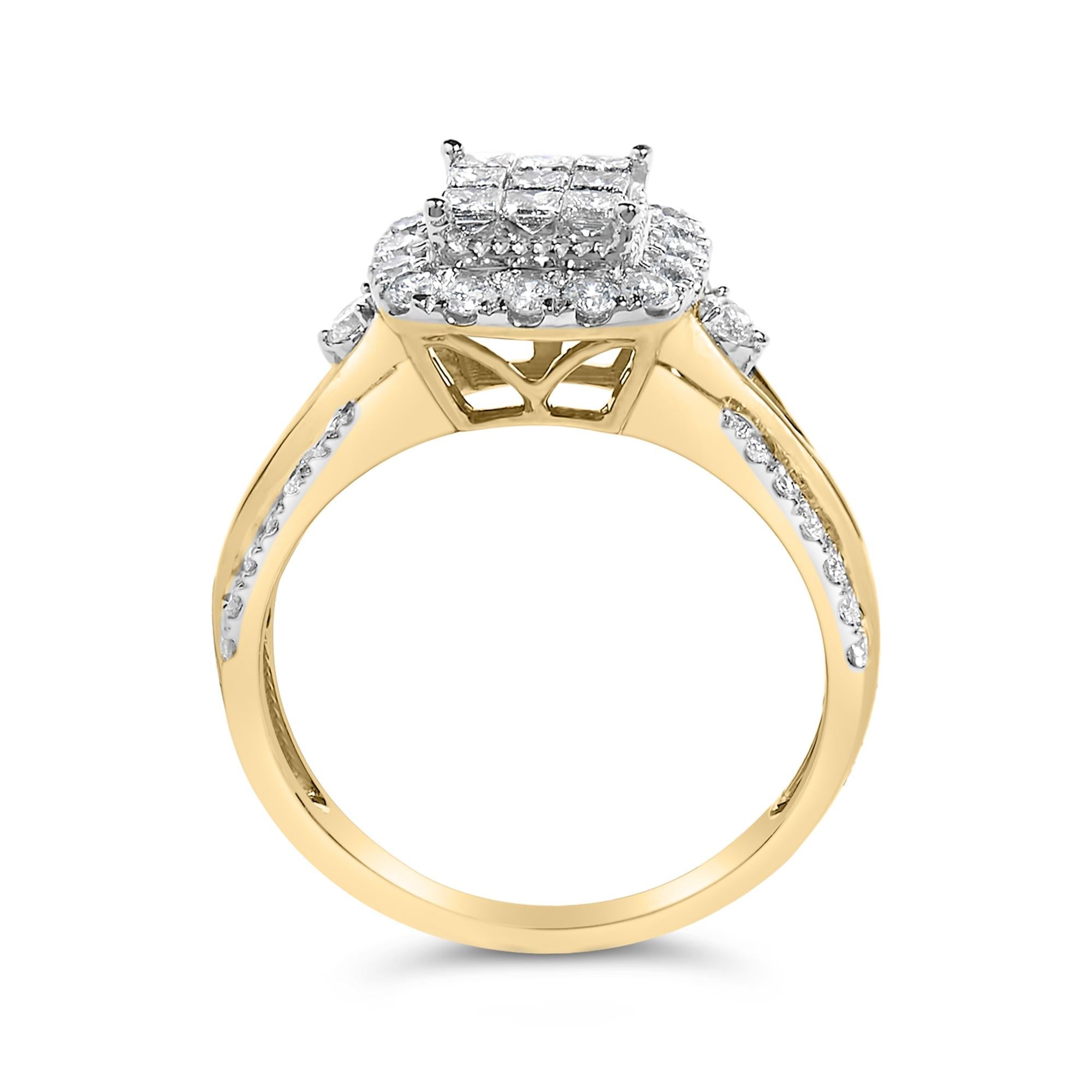 10K Yellow Gold 1.0 Cttw Diamond Composite Cushion-Shape Halo 3-Band-Look Engagement Ring (H-I Color, SI1-SI2 Clarity)