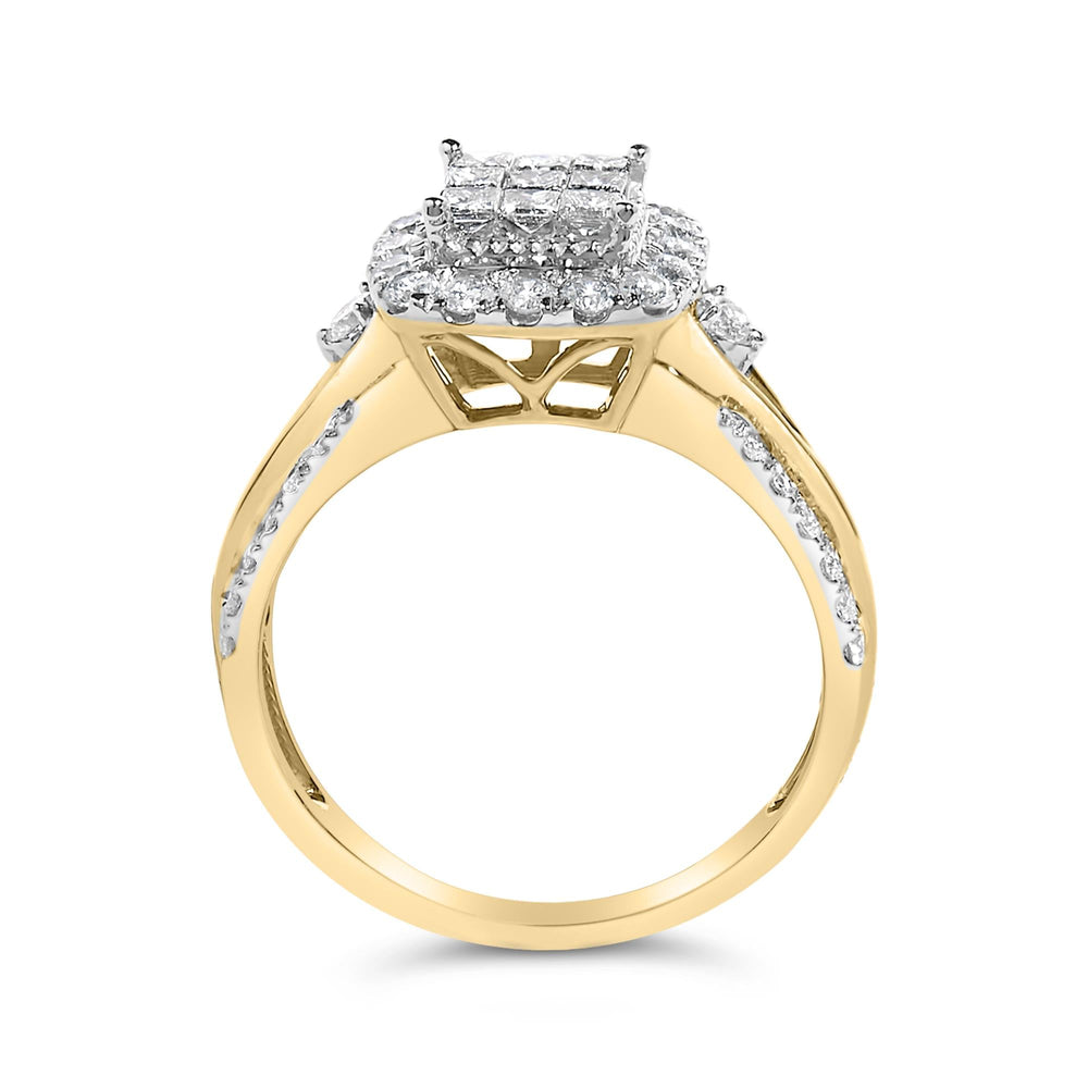 10K Yellow Gold 1.0 Cttw Diamond Composite Cushion-Shape Halo 3-Band-Look Engagement Ring (H-I Color, SI1-SI2 Clarity)