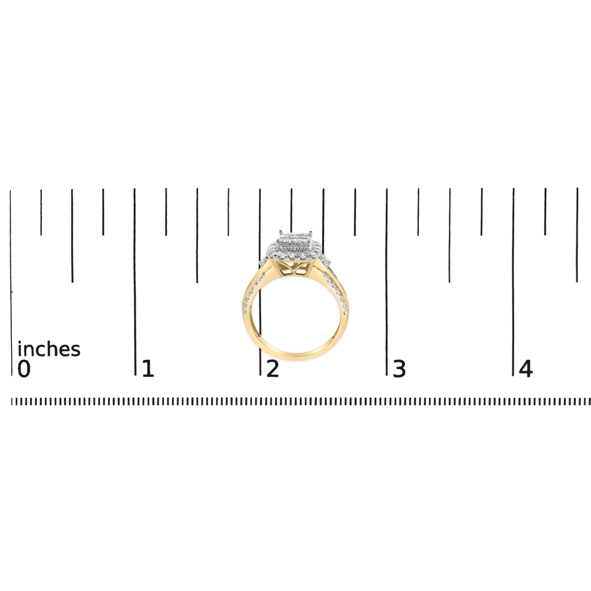 10K Yellow Gold 1.0 Cttw Diamond Composite Cushion-Shape Halo 3-Band-Look Engagement Ring (H-I Color, SI1-SI2 Clarity)