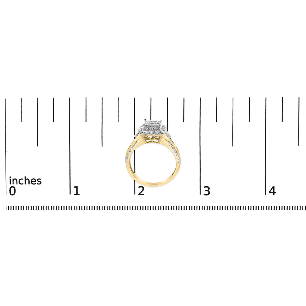 10K Yellow Gold 1.0 Cttw Diamond Composite Cushion-Shape Halo 3-Band-Look Engagement Ring (H-I Color, SI1-SI2 Clarity)