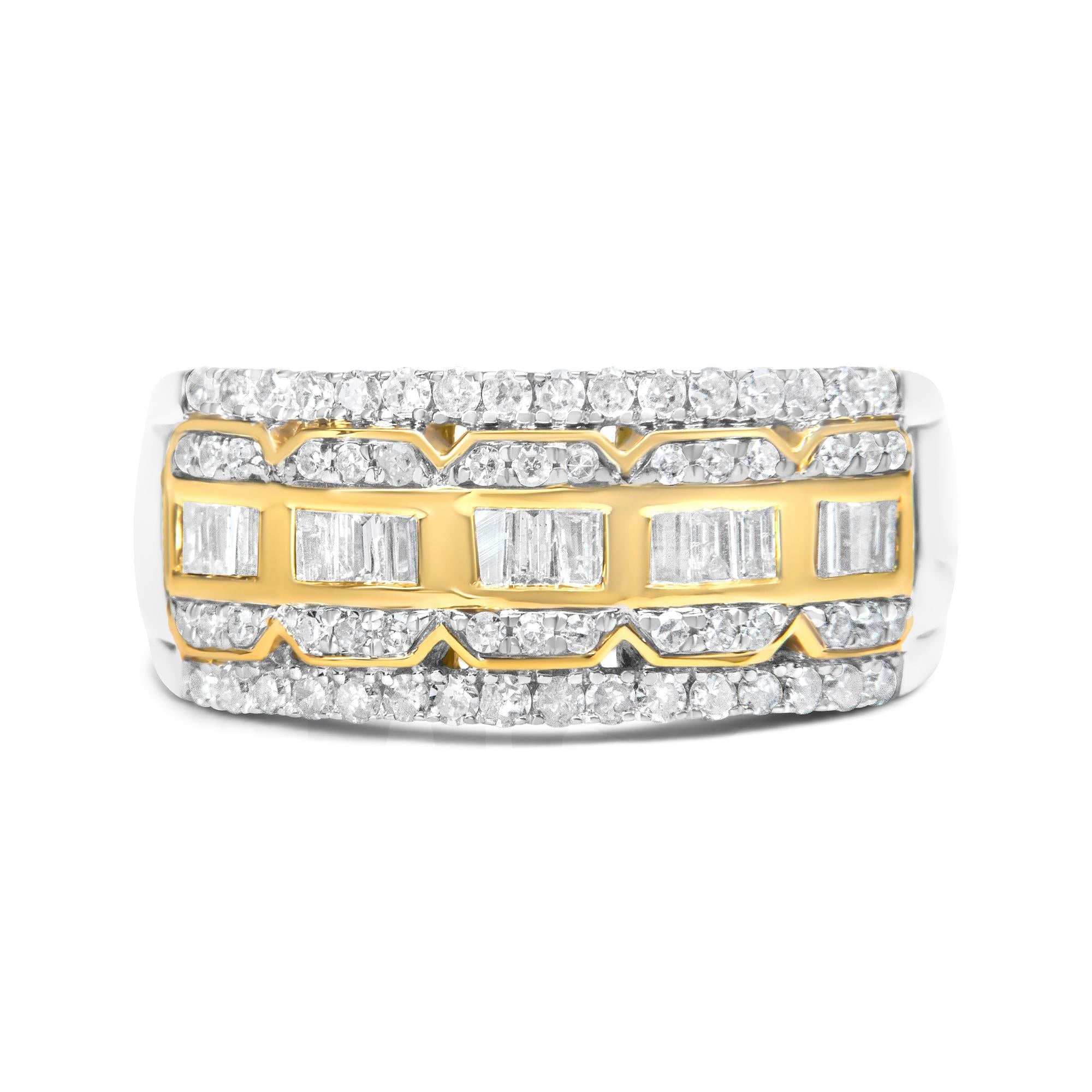 10K White and Yellow Gold 1.00 Cttw Baguette and Round cut Diamond Art Deco Multi-Row Ring Band (I-J Color, I1-I2 Clarity)