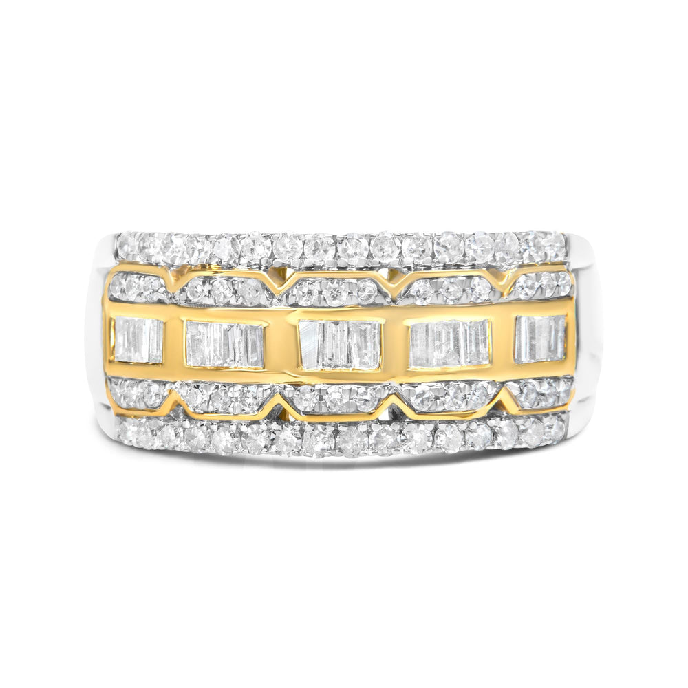 10K White and Yellow Gold 1.00 Cttw Baguette and Round cut Diamond Art Deco Multi-Row Ring Band (I-J Color, I1-I2 Clarity)