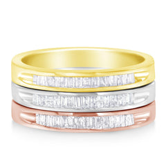10K Yellow, White and Rose Gold over .925 Sterling Silver 5/8 Cttw Diamond Channel-Set Stackable Band Ring Set (H-I Color, I1-I2 Clarity)