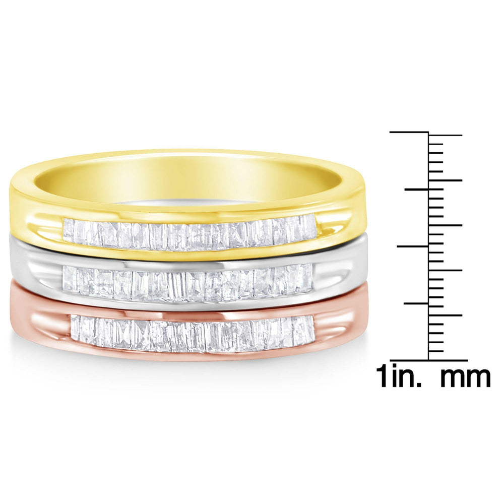 10K Yellow, White and Rose Gold over .925 Sterling Silver 5/8 Cttw Diamond Channel-Set Stackable Band Ring Set (H-I Color, I1-I2 Clarity)
