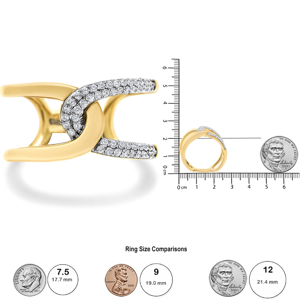 18K Yellow Gold Plated .925 Sterling Silver Pave Set 1/4 Cttw Diamond Open Crossover Band Ring (H-I Color, I1-I2 Clarity)