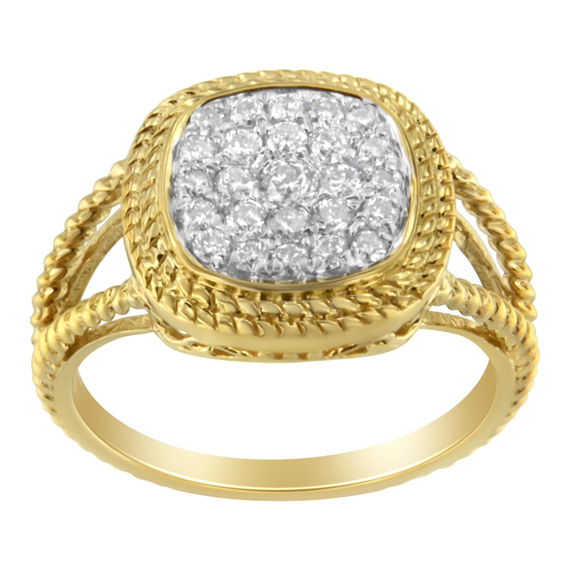 10K Yellow Gold Plated .925 Sterling Silver 1/2 Cttw Diamond Square Cushion Cluster Split Shank Cocktail Ring (J-K Color, I2-I3 Clarity)
