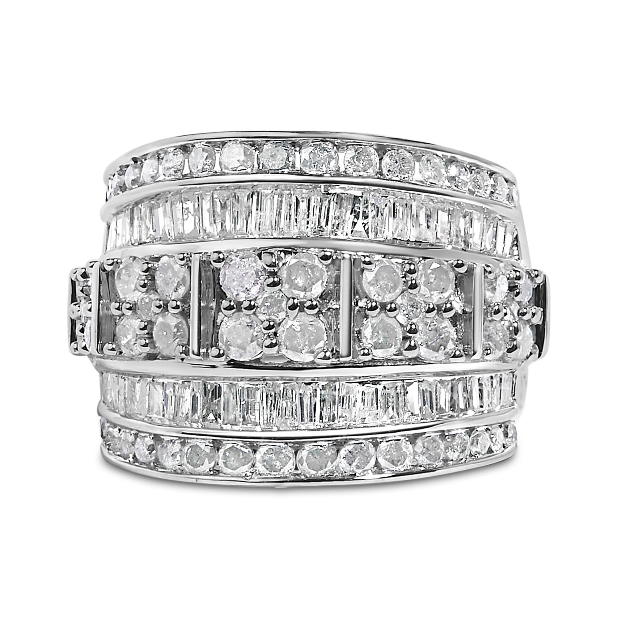 .925 Sterling Silver 2.0 Cttw Round & Baguette Cut Diamond Multi-Row Channel Set Tapered Cocktail Fashion Ring (I-J Color, I3 Clarity)