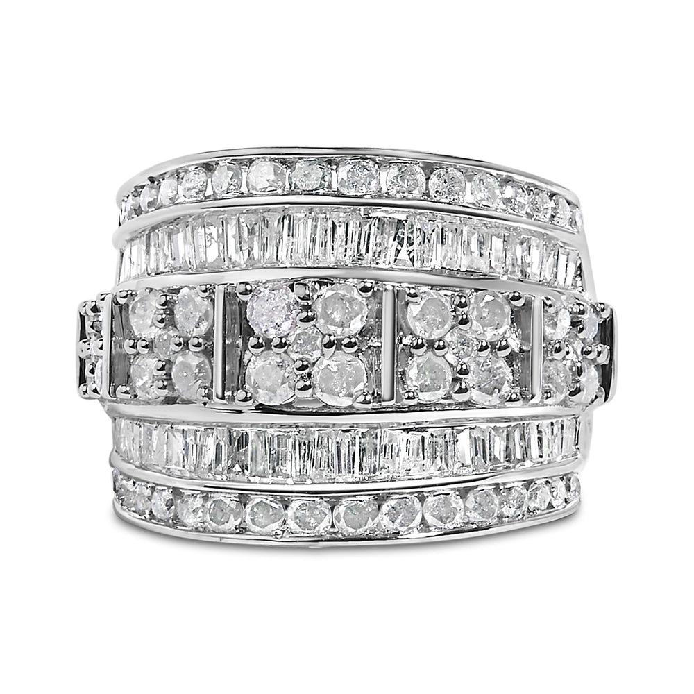 .925 Sterling Silver 2.0 Cttw Round & Baguette Cut Diamond Multi-Row Channel Set Tapered Cocktail Fashion Ring (I-J Color, I3 Clarity)