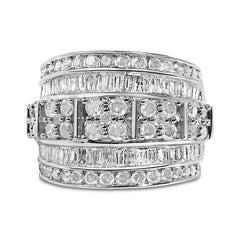 .925 Sterling Silver 2.0 Cttw Round & Baguette Cut Diamond Multi-Row Channel Set Tapered Cocktail Fashion Ring (I-J Color, I3 Clarity)