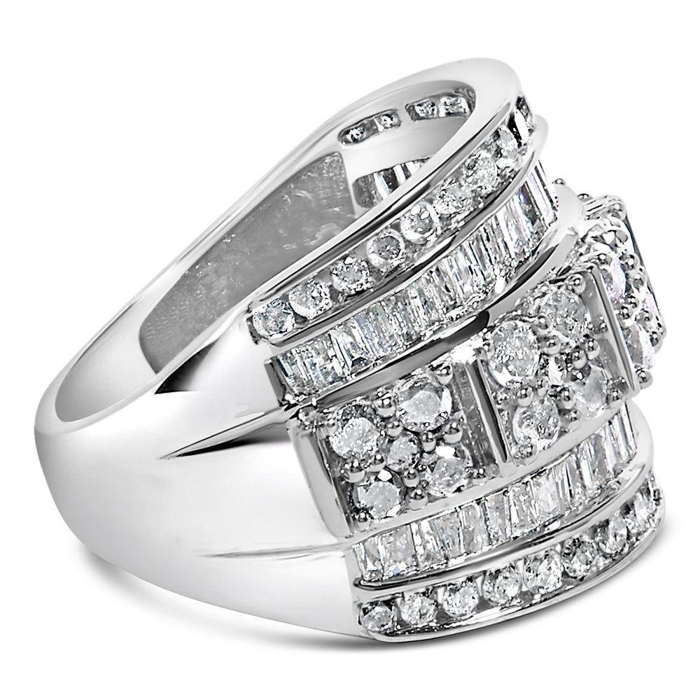 .925 Sterling Silver 2.0 Cttw Round & Baguette Cut Diamond Multi-Row Channel Set Tapered Cocktail Fashion Ring (I-J Color, I3 Clarity)