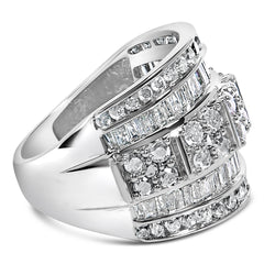 .925 Sterling Silver 2.0 Cttw Round & Baguette Cut Diamond Multi-Row Channel Set Tapered Cocktail Fashion Ring (I-J Color, I3 Clarity)