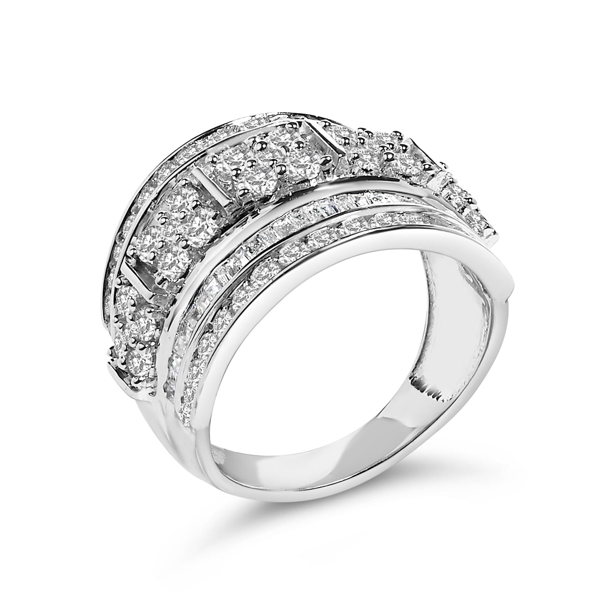 .925 Sterling Silver 2.0 Cttw Round & Baguette Cut Diamond Multi-Row Channel Set Tapered Cocktail Fashion Ring (I-J Color, I3 Clarity)