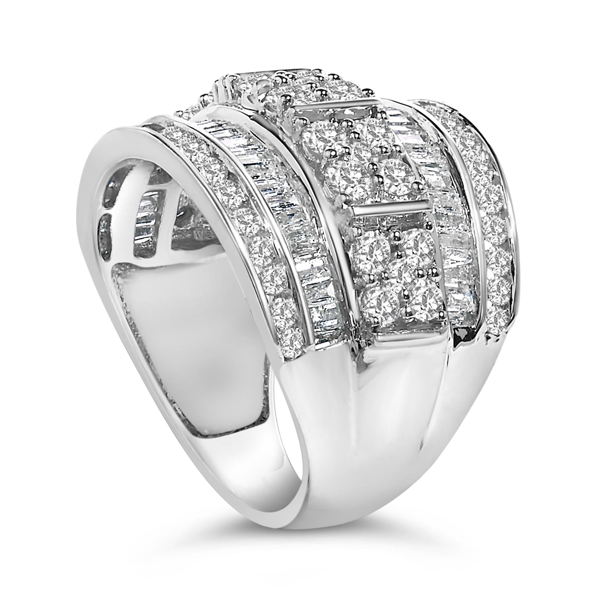 .925 Sterling Silver 2.0 Cttw Round & Baguette Cut Diamond Multi-Row Channel Set Tapered Cocktail Fashion Ring (I-J Color, I3 Clarity)