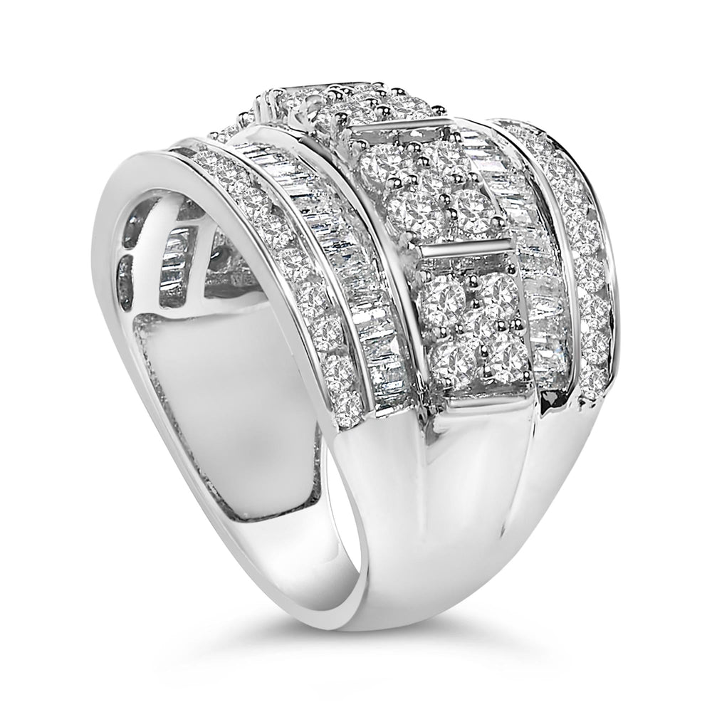 .925 Sterling Silver 2.0 Cttw Round & Baguette Cut Diamond Multi-Row Channel Set Tapered Cocktail Fashion Ring (I-J Color, I3 Clarity)