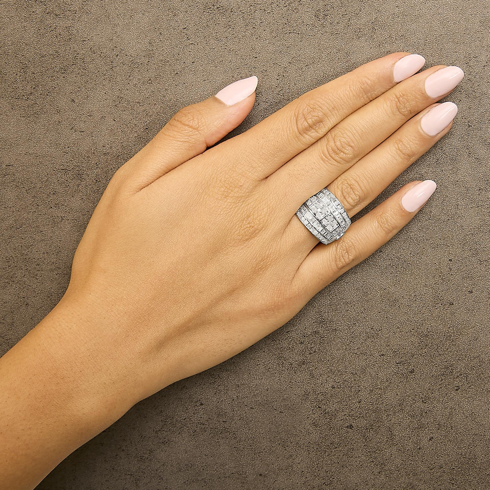 .925 Sterling Silver 2.0 Cttw Round & Baguette Cut Diamond Multi-Row Channel Set Tapered Cocktail Fashion Ring (I-J Color, I3 Clarity)