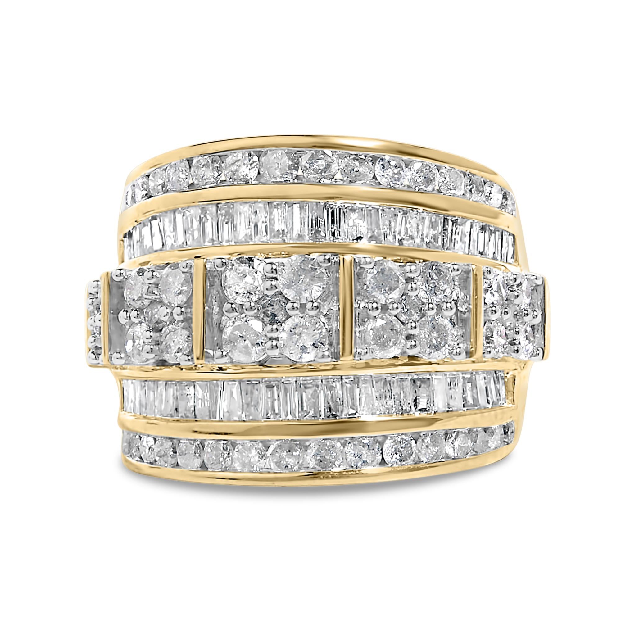 .925 Sterling Silver 2.0 Cttw Round & Baguette Cut Diamond Multi-Row Channel Set Tapered Cocktail Fashion Ring (I-J Color, I3 Clarity)