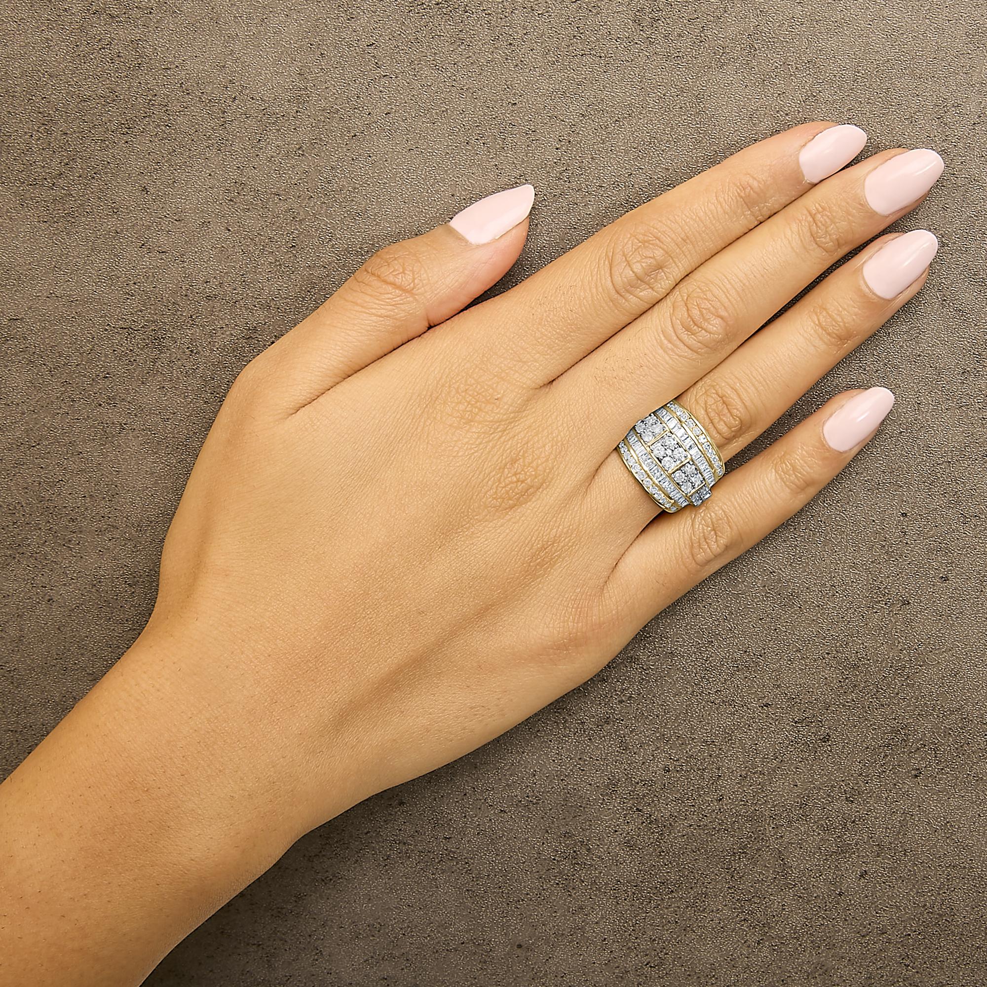 .925 Sterling Silver 2.0 Cttw Round & Baguette Cut Diamond Multi-Row Channel Set Tapered Cocktail Fashion Ring (I-J Color, I3 Clarity)