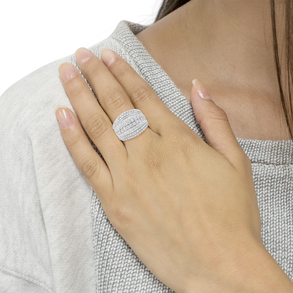 .925 Sterling Silver 2.00 Cttw Round and Baguette-Cut Diamond Cluster Ring (H-I Color, I1-I2 Clarity)