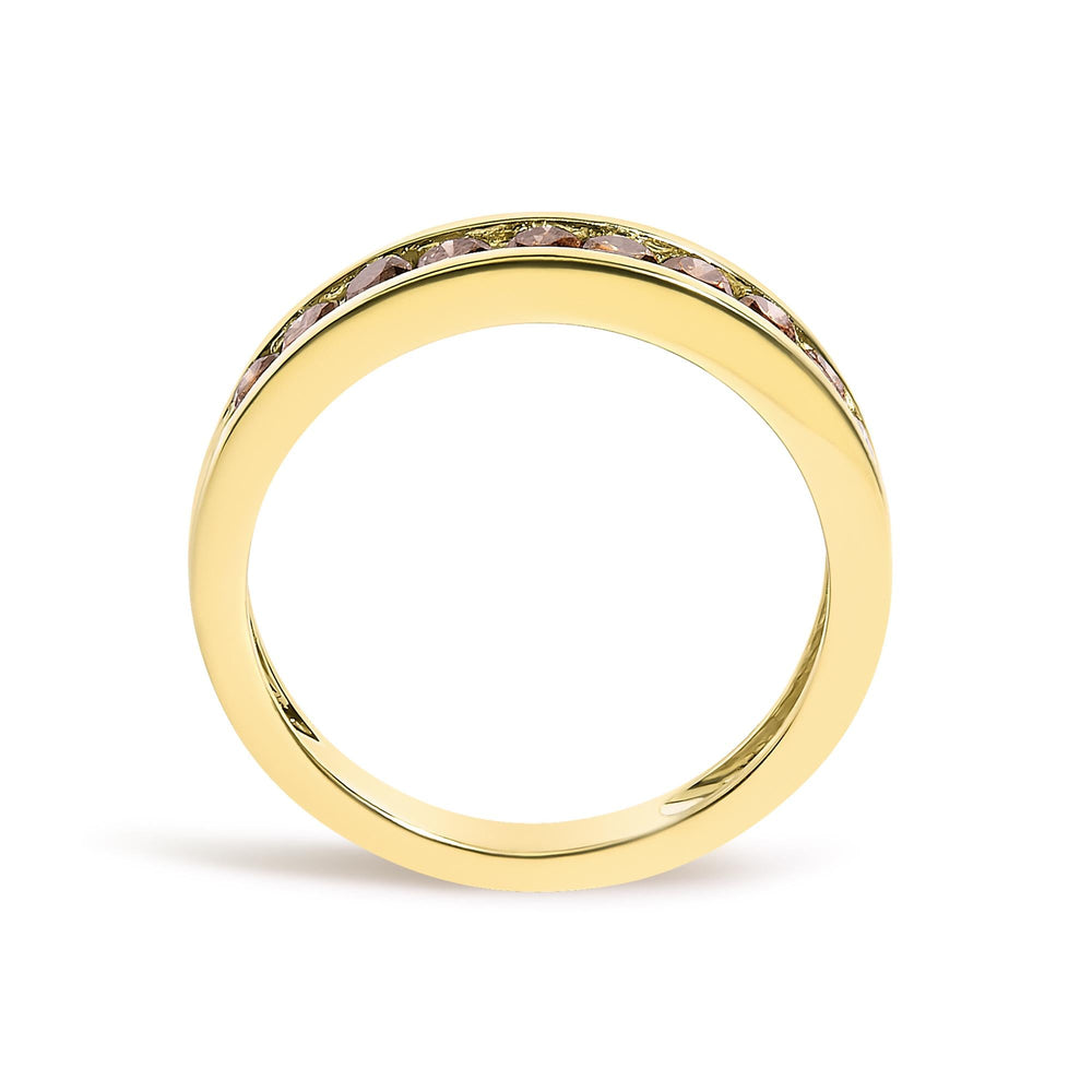 14K Yellow Gold Plated .925 Sterling Silver 1/2 Cttw Channel Set Round Champagne Diamond 11 Stone Band Ring (K-L Color, I1-I2 Clarity)