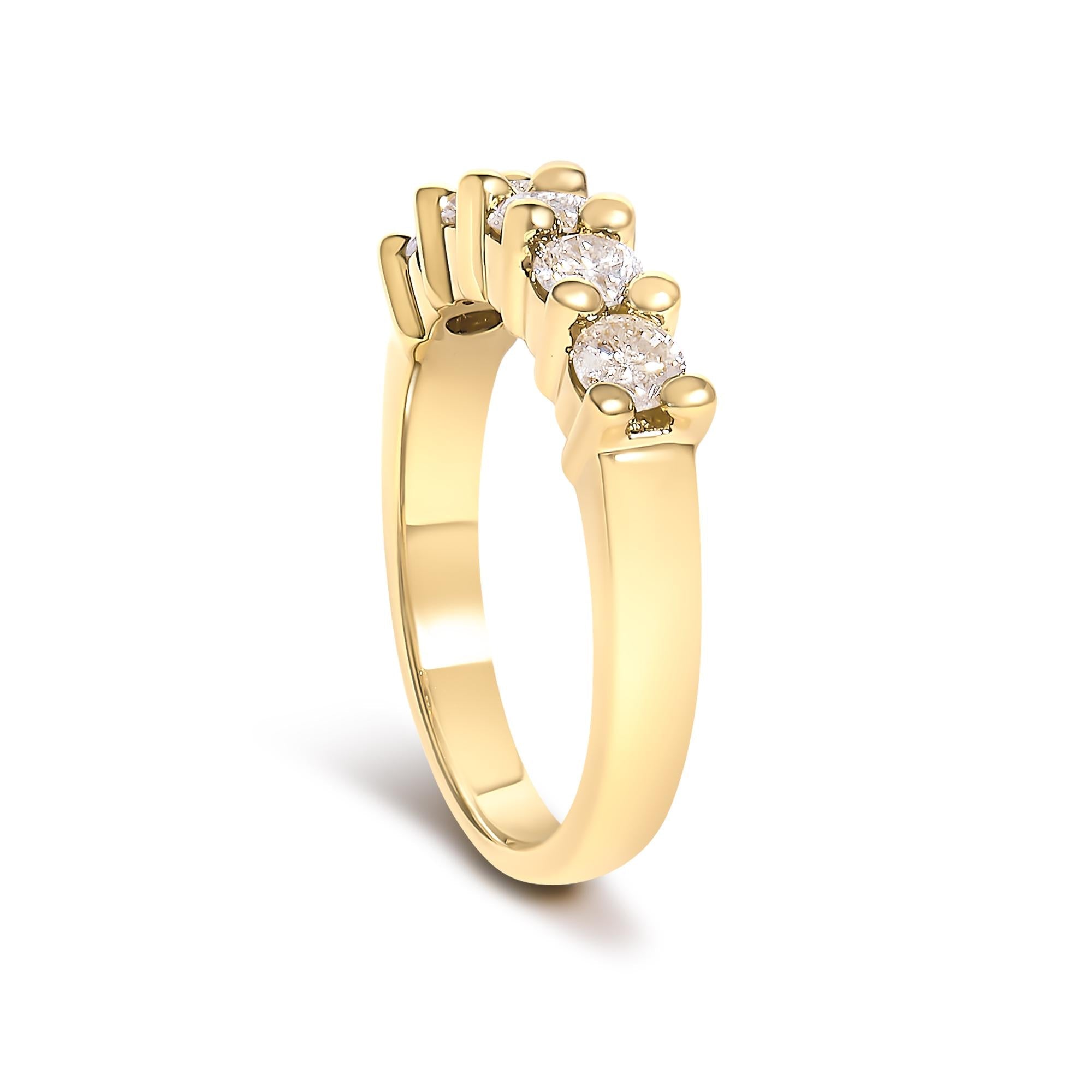 14K Yellow Gold Plated .925 Sterling Silver 1.0 Cttw Shared Prong-set Round Diamond 5 Stone Band Ring (J-K Color, I1-I2 Clarity)