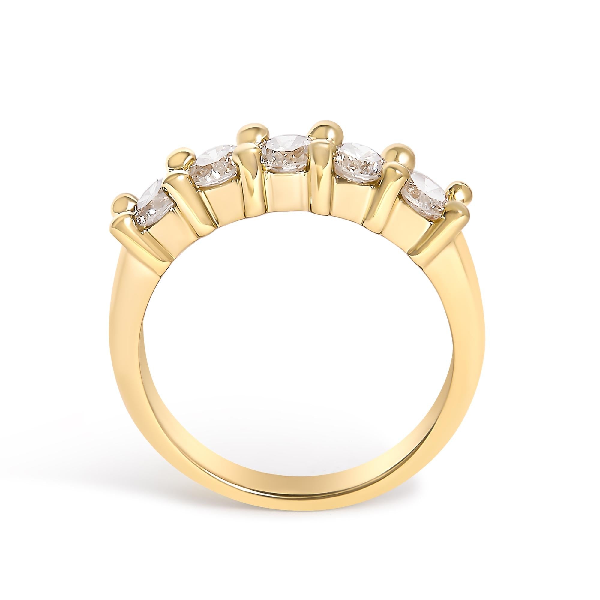 14K Yellow Gold Plated .925 Sterling Silver 1.0 Cttw Shared Prong-set Round Diamond 5 Stone Band Ring (J-K Color, I1-I2 Clarity)