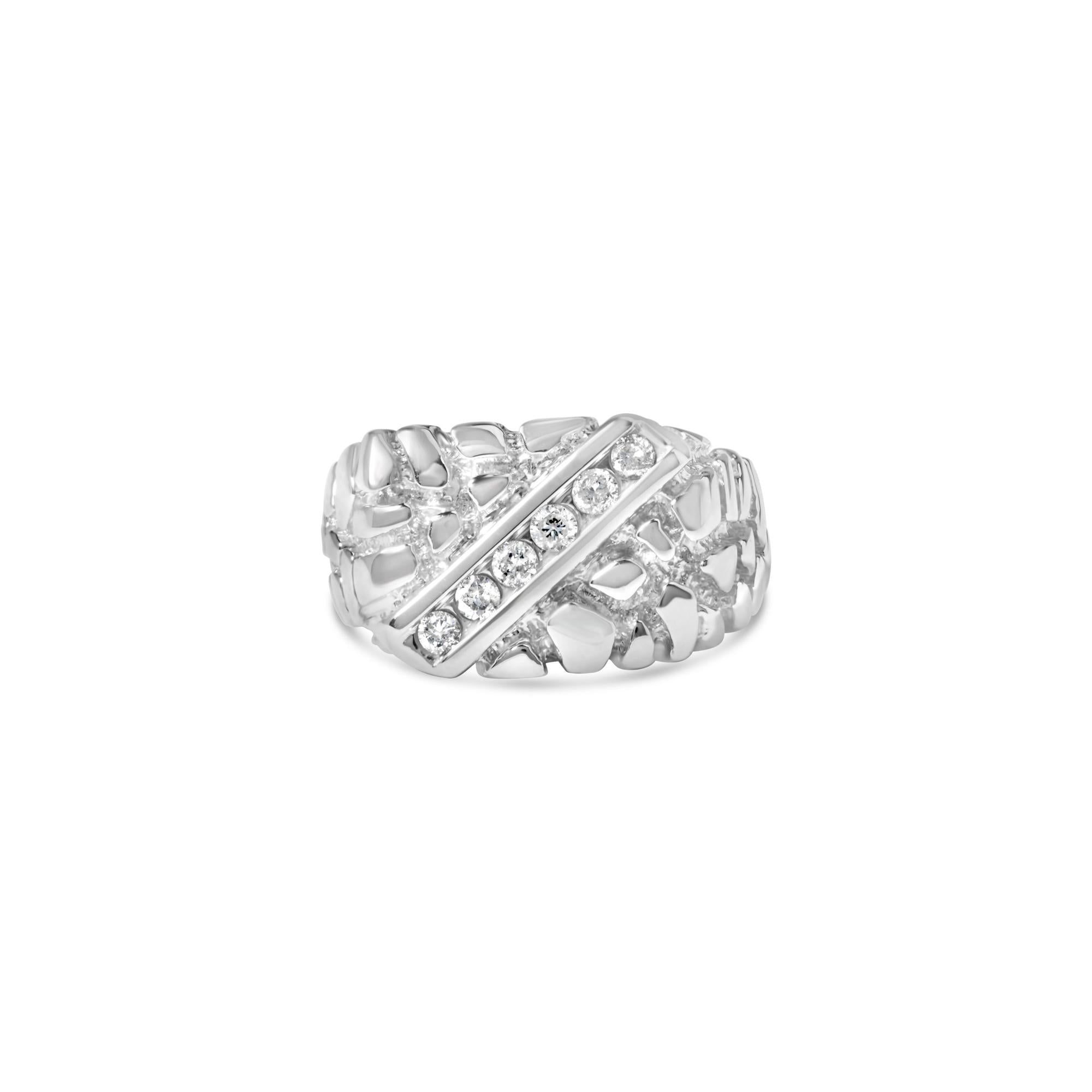 .925 Sterling Silver 1/3 Diamond 6 Stone Rectangle Nugget Gents Ring