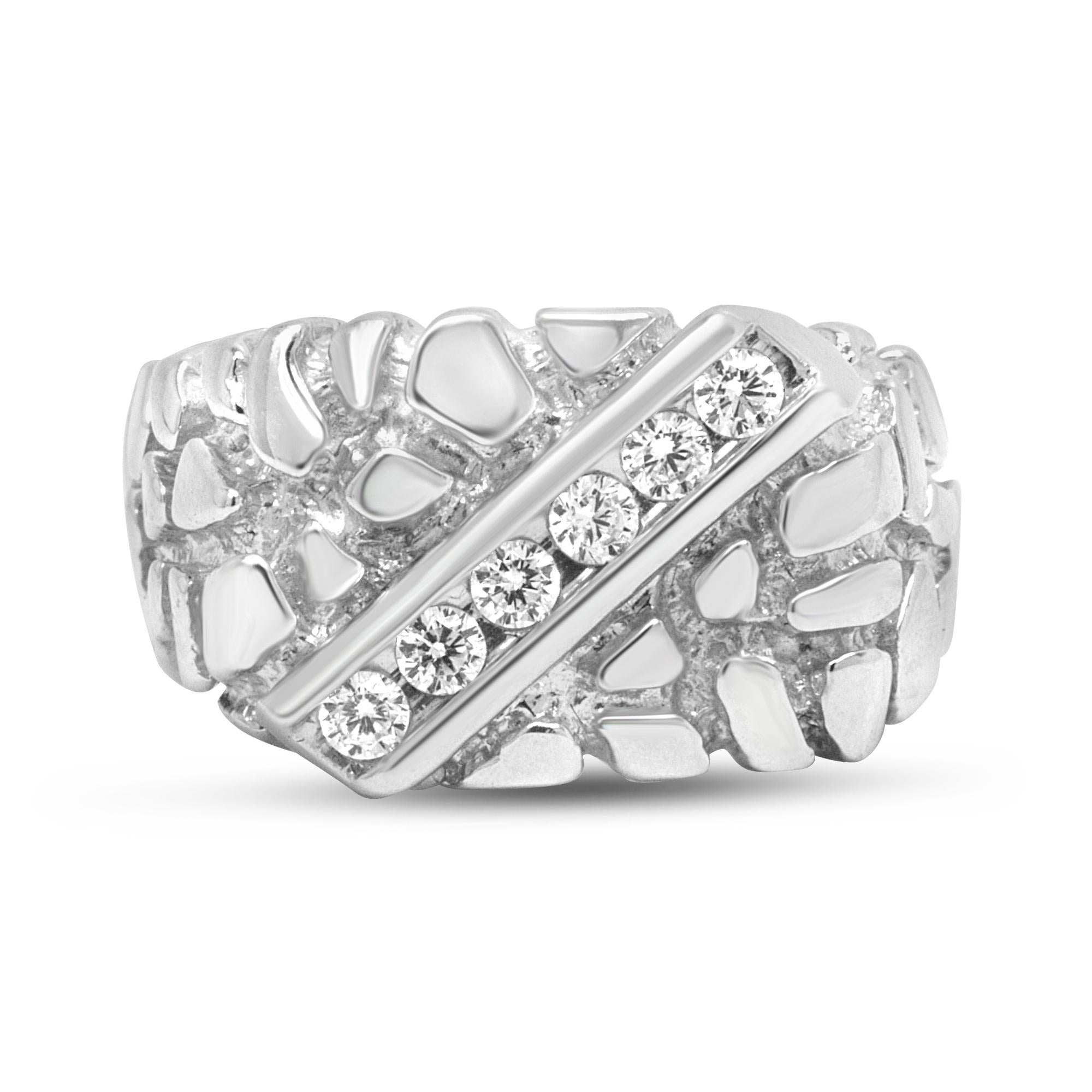 .925 Sterling Silver 1/3 Diamond 6 Stone Rectangle Nugget Gents Ring