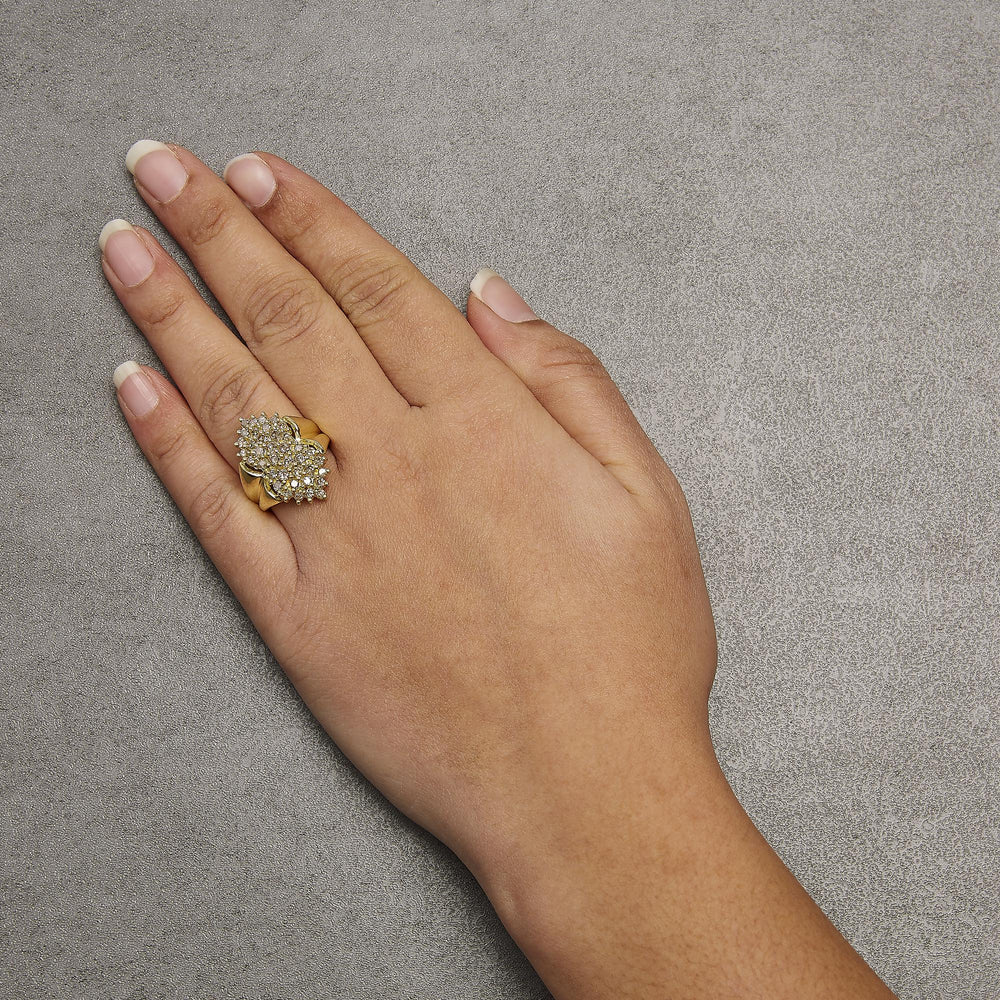 14K Yellow Gold Plated .925 Sterling Silver 1 1/2 Cttw Diamond Cluster Ring (Champagne Color, I2-I3 Clarity)