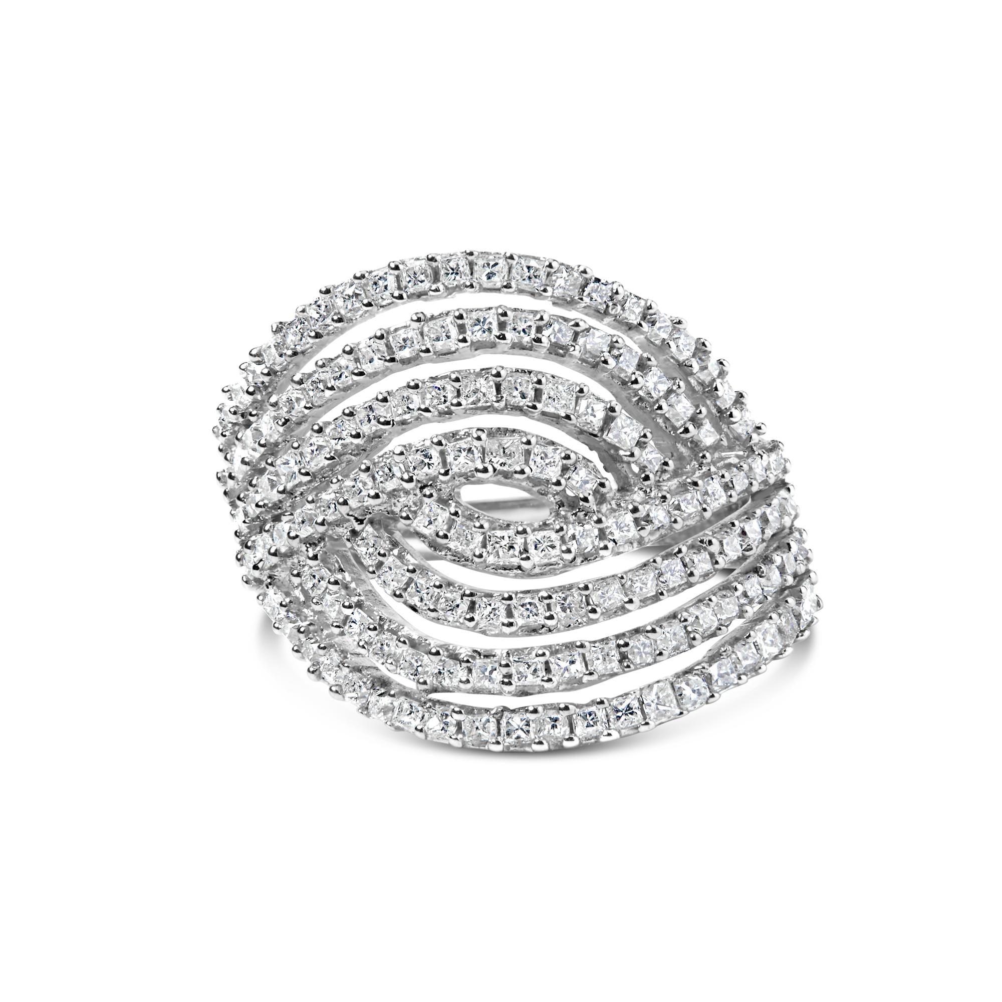 10K White Gold 1 1/2 Cttw Princess Diamond Swirl Design Cocktail Ring